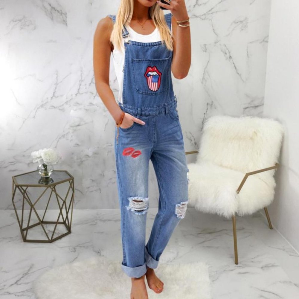 SALE SALE SALE RIPPED STREET HIP HOP LIP TONGUE STONES OVERALLS IN SIZE 3XL PLUS